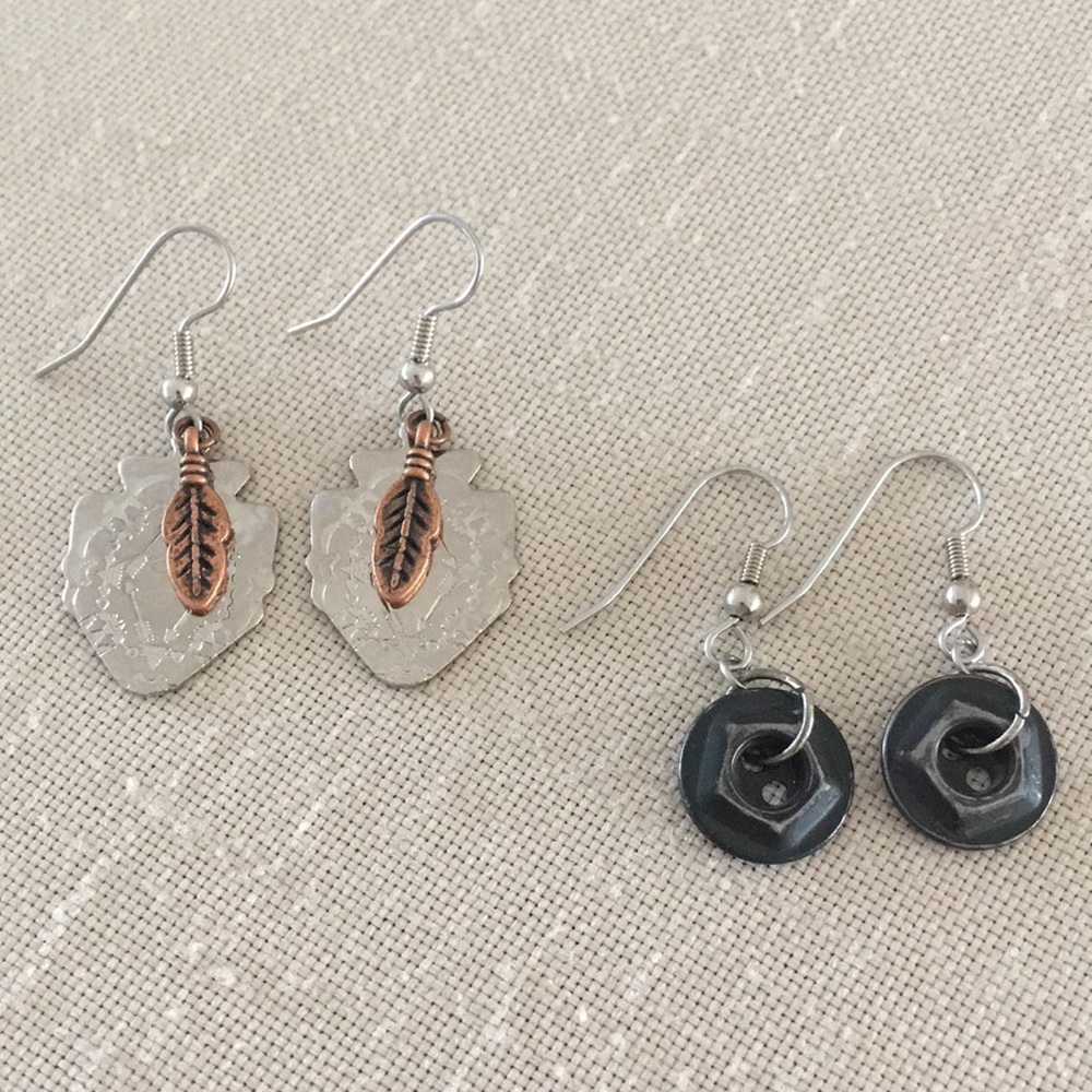 Hand Crafted 2 Pair Earrings Arrowhead Feather Vintage Button
